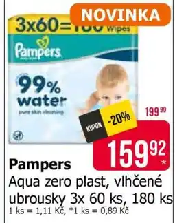Teta Pampers Aqua zero plast, vlhčené ubrousky 3x 60 ks, 180 ks nabídka