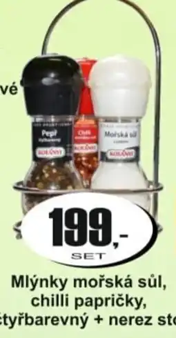 Adam Mlýnky mořská sůl, chilli papričky, pepř čtyřbarevný + nerez stojánek nabídka