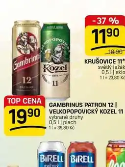 Flop GAMBRINUS PATRON 12 | VELKOPOPOVICKÝ KOZEL 11 vybrané druhy 0,5 || plech nabídka
