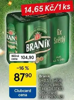 Tesco Braník pivo, 6x 0,5 l, světlé výčepní, plech nabídka