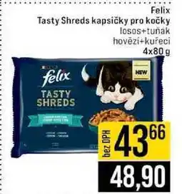 Jip Felix Tasty Shreds kapsičky pro kočky losos+tuňák hovězí+kuřeci 4x80 g nabídka