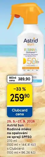 Tesco Astrid Sun Rodinné mléko na opalování ve spreji SPF50 nabídka