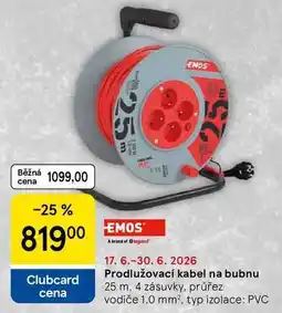 Tesco Prodlužovací kabel na bubnu, 25 m. 4 zásuvky, průřez vodiče 1,0 mm², typ izolace: PVC nabídka