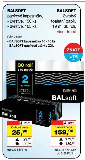 Barvy a laky drogerie BALSOFT papírové kapesníčky, - 2vrstvé, 150 ks nabídka