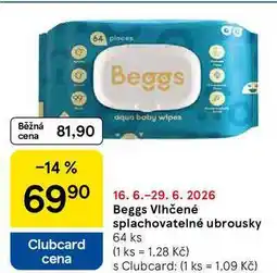 Tesco Beggs Vlhčené splachovatelné ubrousky, 64 ks nabídka
