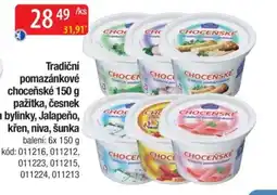 Qanto Tradiční pomazánkové choceňské pažitka, česnek a bylinky, Jalapeño, křen, niva, šunka nabídka
