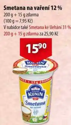 Smetana na vaření 12%, 200 g + 15 g