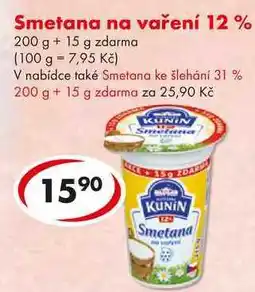 CBA Smetana na vaření 12%, 200 g + 15 g zdarma nabídka