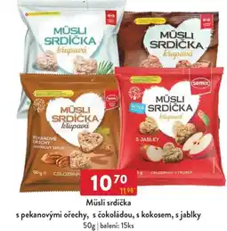 Qanto Müsli srdíčka spekanovými ořechy, s čokoládou, s kokosem, s jablky nabídka