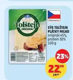 Penny Market SÝR TOLŠTEJN PLÁTKY MILKO originál 45%, protein 30% nabídka