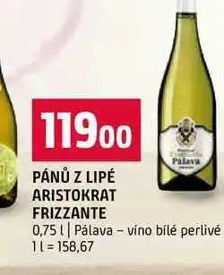 Terno PÁNŮ Z LIPÉ ARISTOKRAT FRIZZANTE Palava 0,75l Pálava víno bílé perlivé nabídka