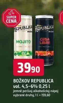 Trefa BOŽKOV REPUBLICA vol. 4,5-6% 0,25l jemně perlivý alkoholický nápoj vybrané druhy nabídka