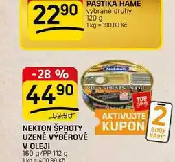 Flop NEKTON ŠPROTY UZENÉ VÝBĚROVÉ V OLEJI 160 g/PP 112 g nabídka