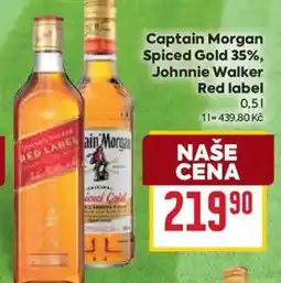 Billa Captain Morgan Spiced Gold 35%, Johnnie Walker Red label nabídka