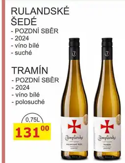 BENE Nápoje Templářské sklepy 0,75l RULANDSKÉ ŠEDÉ - POZDNÍ SBĚR - 2024 - víno bílé suché nabídka