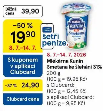 Tesco Mlékárna Kunín Smetana ke šlehání 31% nabídka