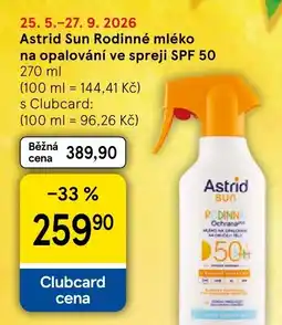 Tesco Astrid Sun Rodinné mléko na opalování ve spreji SPF 50 nabídka