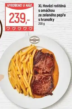 Globus XL Hovězí roštěná s omáčkou ze zeleného pepře s hranolky nabídka