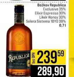 Jip Božkov Republica Exclusive 35% Elixir Espresso 30% Likér Honey 30% Solera Sistema 10Y0 38% nabídka