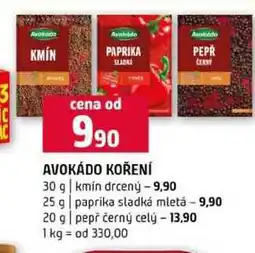 Terno AVOKÁDO KOŘENÍ 30 g kmín drcený 25 g paprika sladká mletá 20 g pepř černý celý nabídka