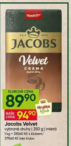 Hruška Jacobs Velvet vybrané druhy 250 g mletá nabídka