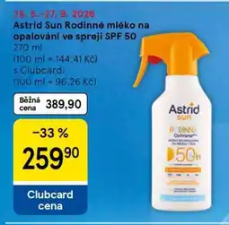 Tesco Astrid Sun Rodinné mléko na opalování ve spreji SPF 50 nabídka