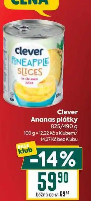 Billa Clever Ananas plátky 825/490 g nabídka