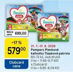 Tesco Pampers Plenkové kalhotky Tlapková patrola, 60-72 ks, více druhů nabídka