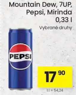 Kubík potraviny Mountain Dew, 7UP, Pepsi, Mirinda nabídka