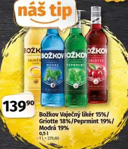 COOP TIP Božkov Vaječný likér 15%/ Griotte 18%/Peprmint 19%/ Modrá 19% nabídka
