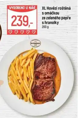Globus XL Hovězí roštěná s omáčkou ze zeleného pepře s hranolky nabídka