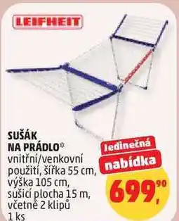 Penny Market LEIFHEIT SUŠÁK NA PRÁDLO vnitřní/venkovní použití, šířka 55 cm, výška 105 cm, 1 ks nabídka