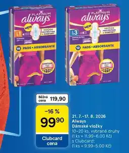 Tesco Always Dámské vložky, 10-20 ks nabídka