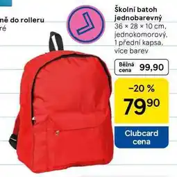 Tesco Školní batoh jednobarevný, 36 × 28 x 10 cm. jednokomorový. 1 přední kapsa. více barev nabídka