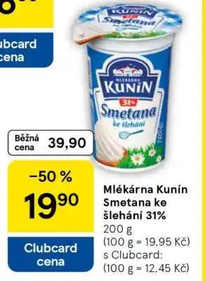 Tesco Mlékárna Kunín Smetana ke šlehání 31% nabídka