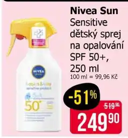 Teta Nivea Sun Sensitive dětský sprej na opalování SPF 50+, 250 ml nabídka