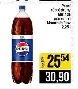 Jip Pepsi různé druhy Mirinda pomeranč Mountain Dew nabídka