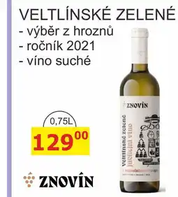 BENE Nápoje ZNOVÍN ZNOJMO 0,75L VELTLÍNSKÉ ZELENÉ - výběr z hroznů ročník 2021 - víno suché nabídka
