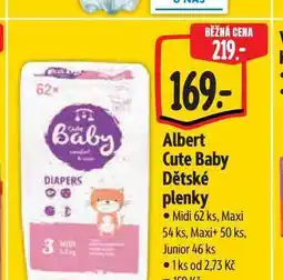 Albert Albert Cute Baby Dětské plenky Midi 62 ks, Maxi 54 ks, Maxi+ 50 ks, Junior 46 ks nabídka