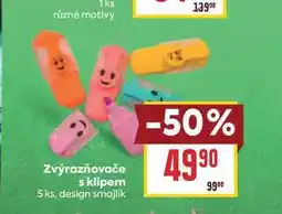 Billa Zvýrazňovače s klipem 5 ks, design smajlík nabídka