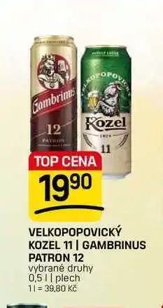 Flop VELKOPOPOVICKÝ KOZEL 11 GAMBRINUS PATRON 12 vybrané druhy 0,5l, plech nabídka