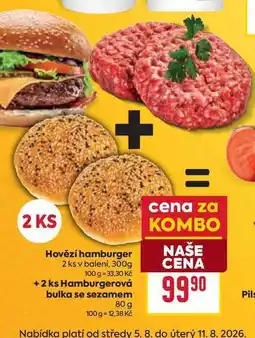 Billa Hovězí hamburger 2 ks v baleni, 300g + 2 ks Hamburgerová bulka se sezamem 80g nabídka