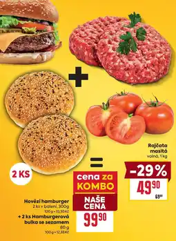 Billa Hovězí hamburger 2 ks v balení, 300g 100 g + 2 ks Hamburgerová bulka se sezamem 80g nabídka