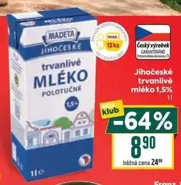 Billa Jihočeské trvanlivé mléko 1,5% nabídka