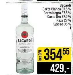 Jip Bacardi Carta Blanca 37,5% Carta Negra 37,5 % Carta Oro 37,5% Razz 27% Spiced 35% nabídka