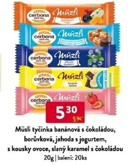 Qanto Müsli tyčinka banánová s čokoládou, borůvková, jahoda s jogurtem, s kousky ovoce, slaný karamel s čokoládou nabídka