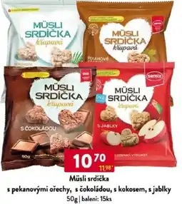 Qanto Müsli srdíčka s pekanovými ořechy, s čokoládou, s kokosem, s jablky nabídka
