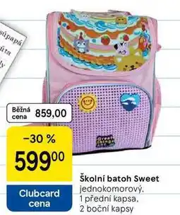 Tesco Školní batoh Sweet jednokomorový. 1 přední kapsa, 2 boční kapsy nabídka