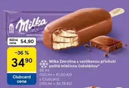 Tesco Milka Zmrzlina s vanilkovou příchutí politá mléčnou čokoládou nabídka