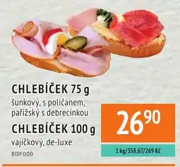 Coop hb Bidfood chlebíček 75 g šunkový, s poličanem, pařížský s debrecínkou nabídka